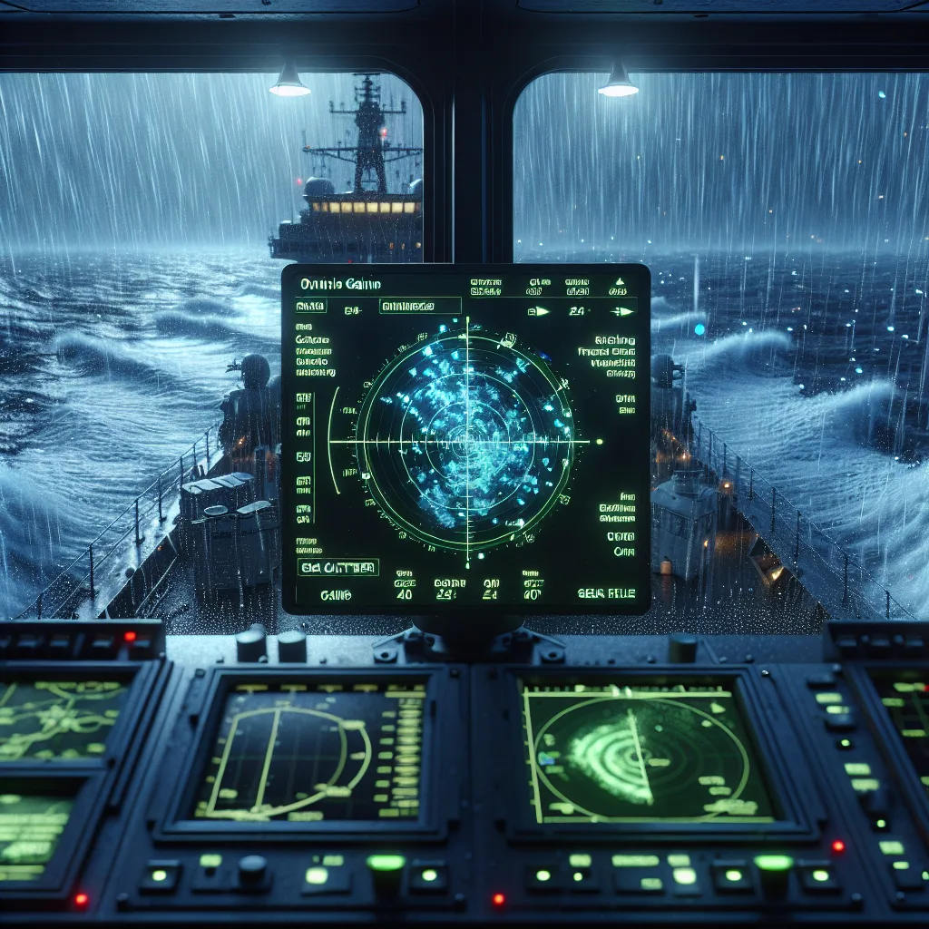 Hyper-realistic maritime radar operator's bridge scene showing a radar display screen with optimized gain settings, sea clutter filter activated, and rain clutter suppression during a stormy sea at night; the screen displays clear target echoes amidst highlighted sea waves and raindrops on the radar screen, with ship's navigation panel and weather sensors visible